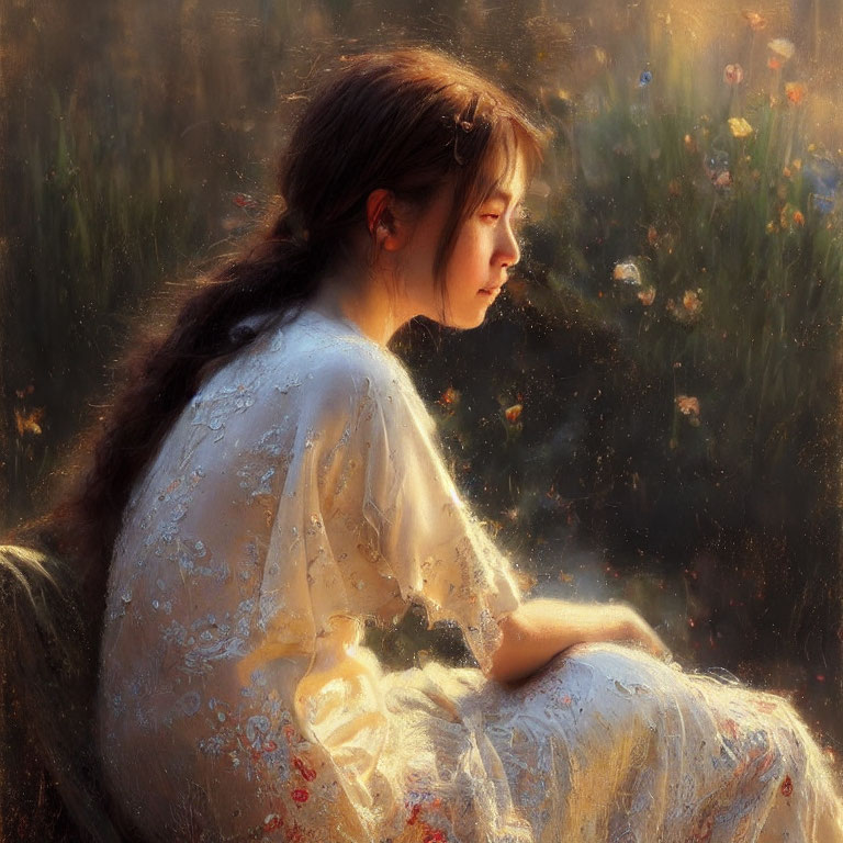 Woman in white dress surrounded by flowers in dreamy sunlight