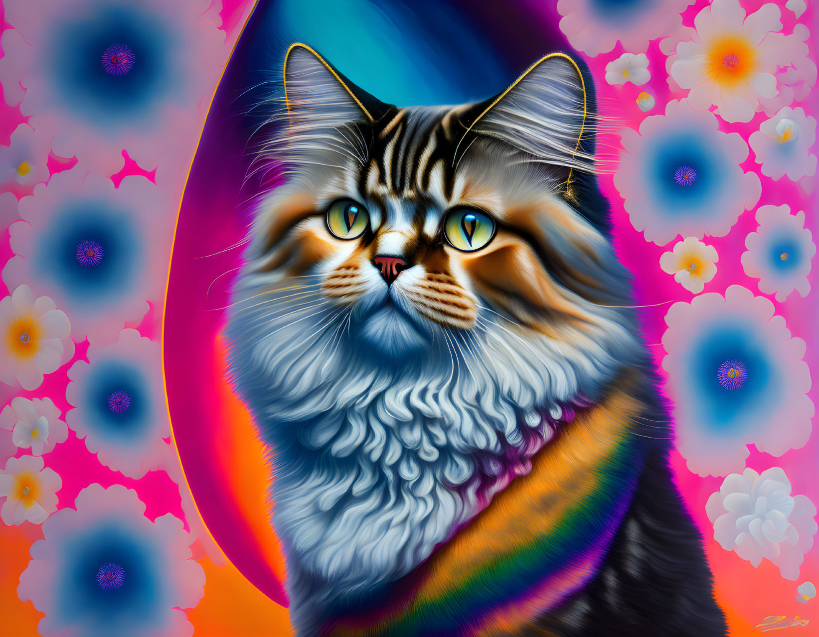 Colorful Cat Artwork with Psychedelic Patterns & Flowers