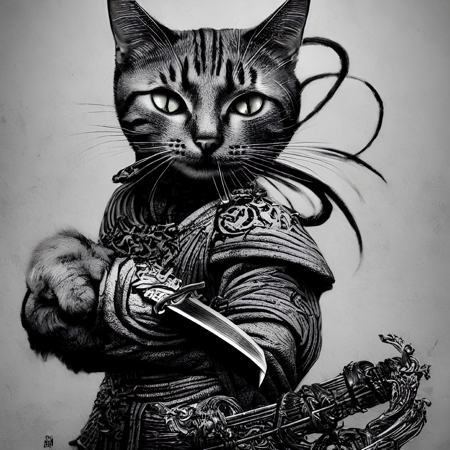 Black and white cat art: blue-eyed feline in medieval armor with sword