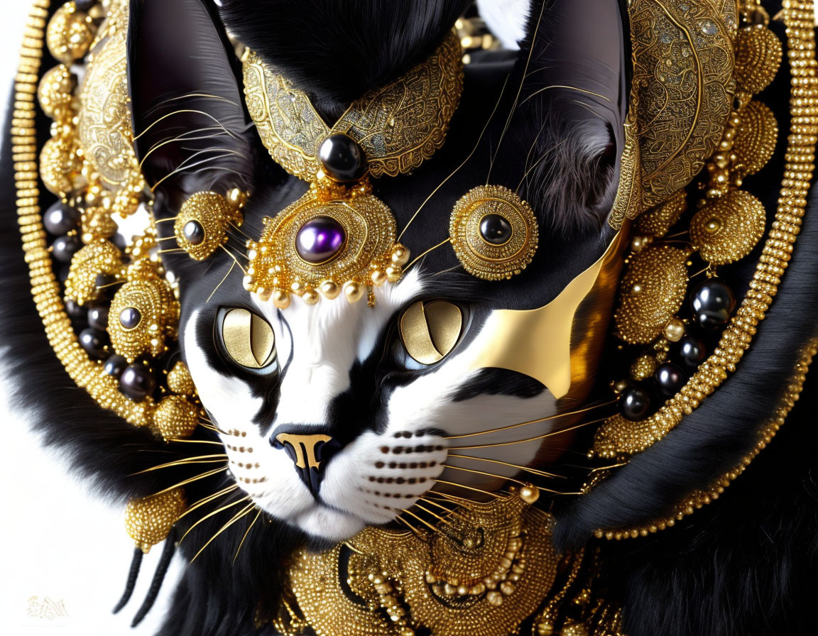 Detailed illustration of ornately adorned black and white cat with gold jewelry and purple accents