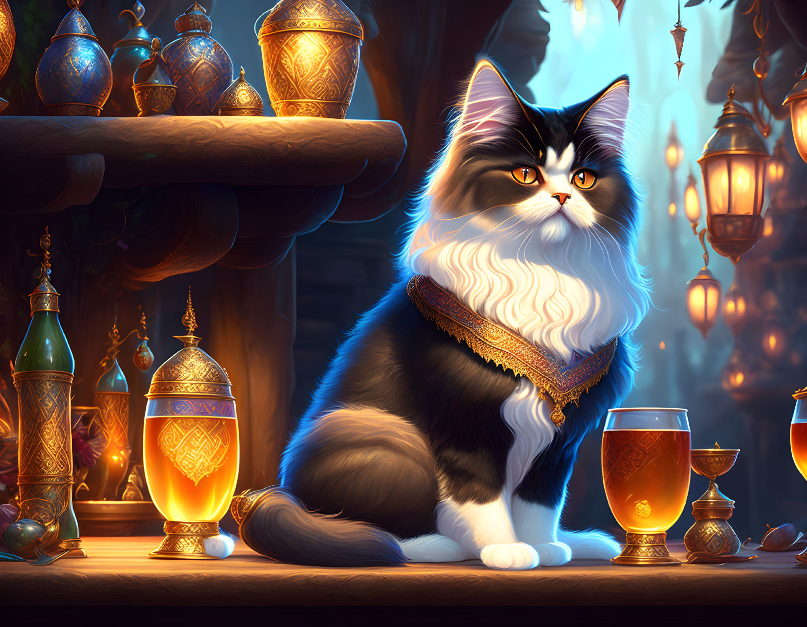 Fluffy cat with scarf among golden lanterns and goblets