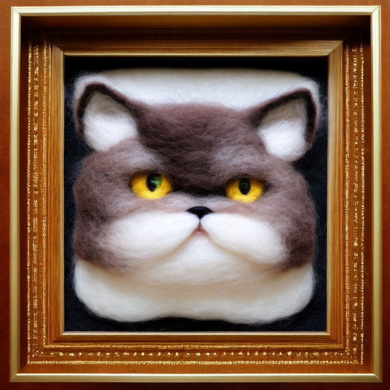 Three-dimensional felt artwork of grey and white cat with yellow eyes