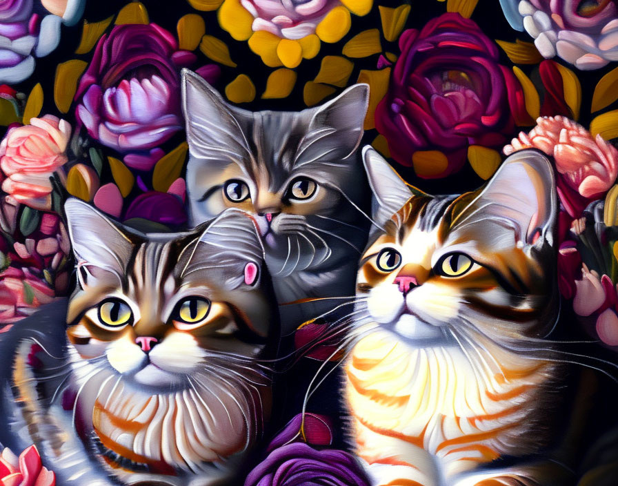 Colorful Whimsical Cats Surrounded by Vibrant Flowers