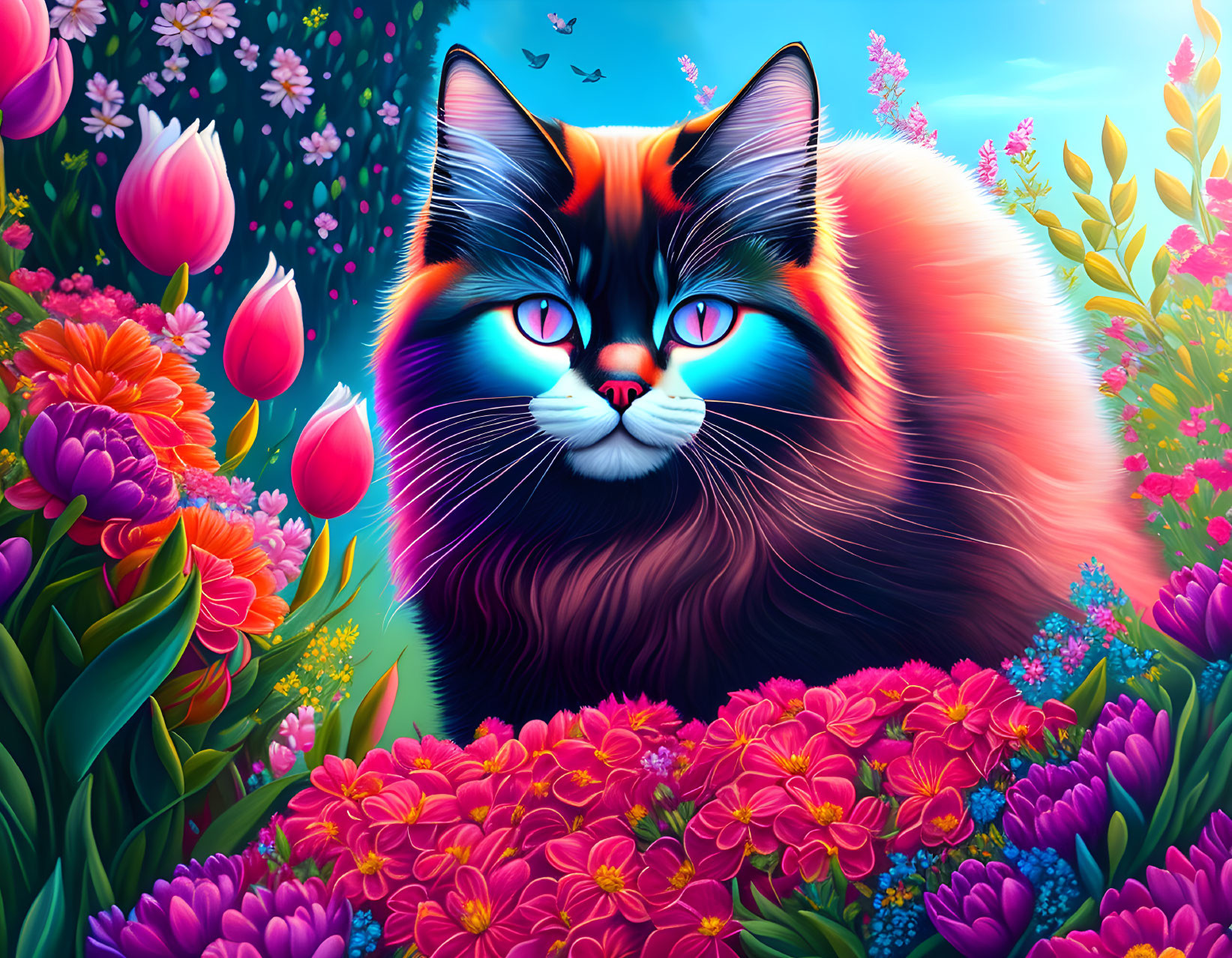 Colorful Cat with Blue Eyes in Lush Flower Garden