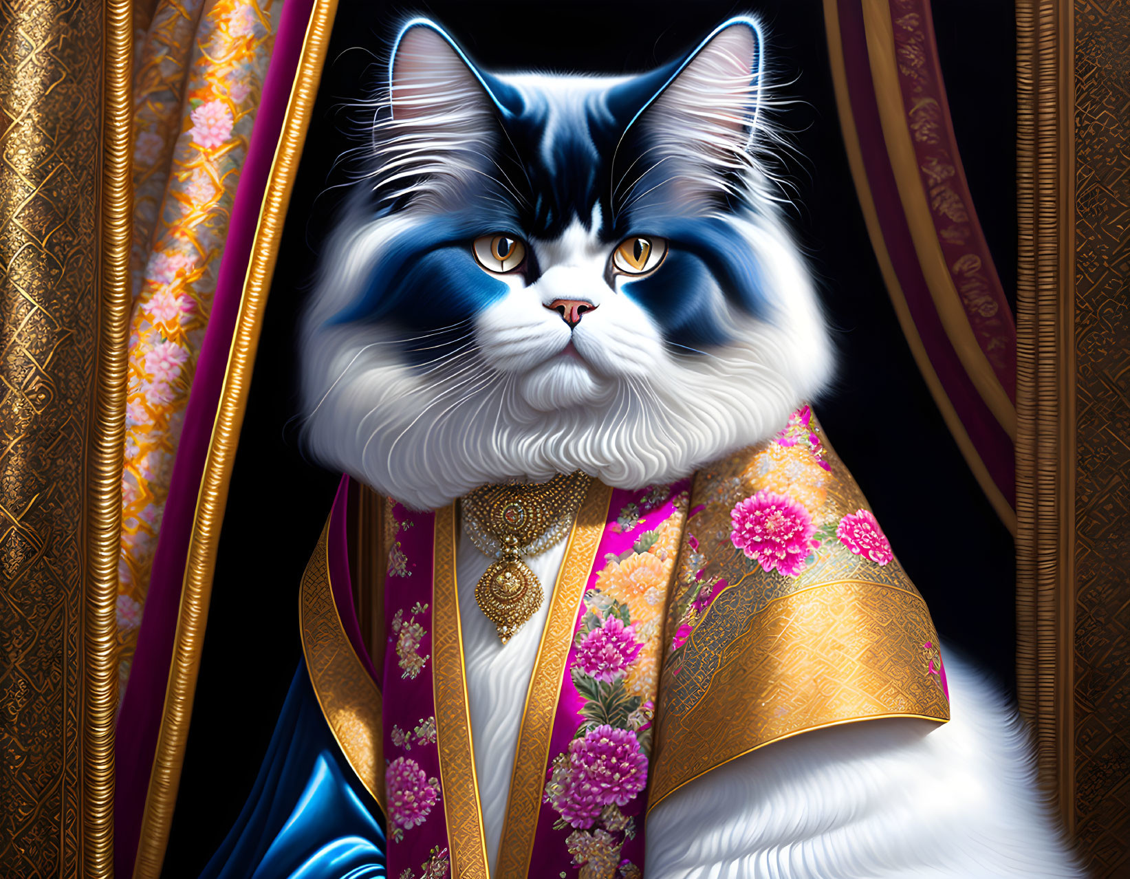 Regal Cat in Blue and White Fur with Gold-Adorned Traditional Garments