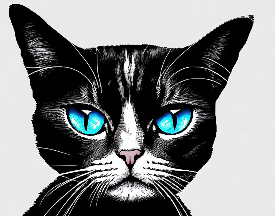 Detailed black and white cat illustration with blue eyes and pink nose