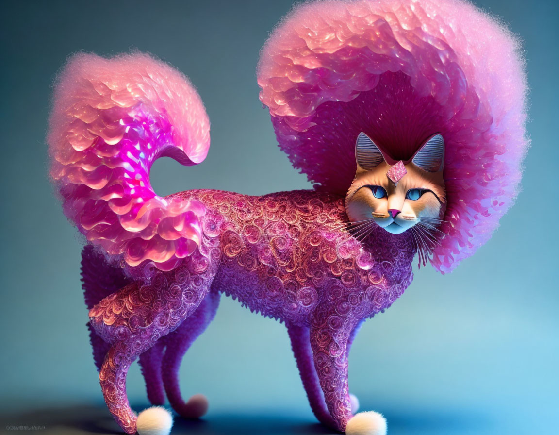 Stylized digital artwork of a pink fur cat on blue background