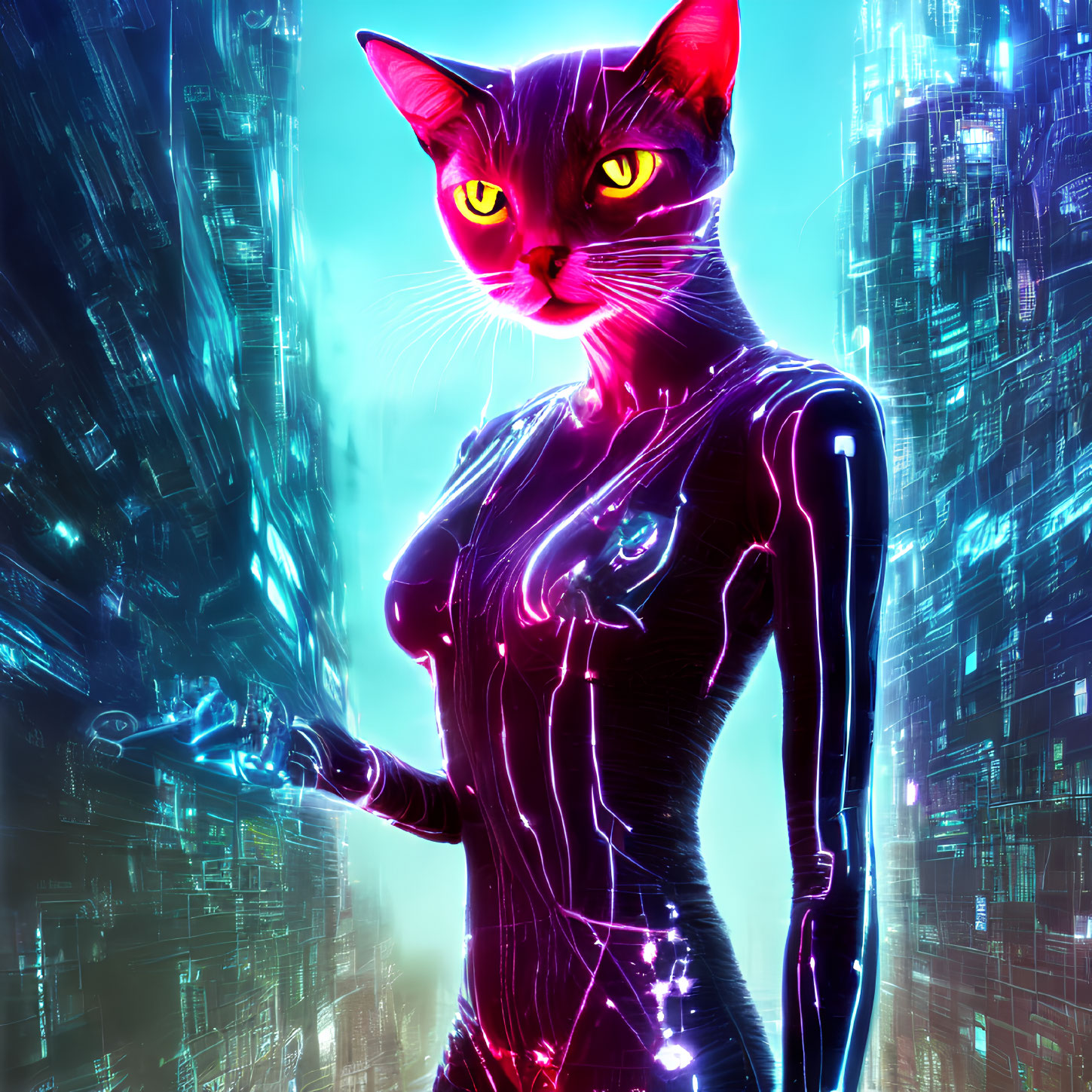 Neon-lined humanoid figure with cat head in futuristic cityscape