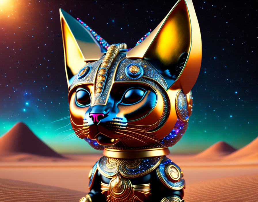 Robotic cat with Egyptian-style adornments in desert setting