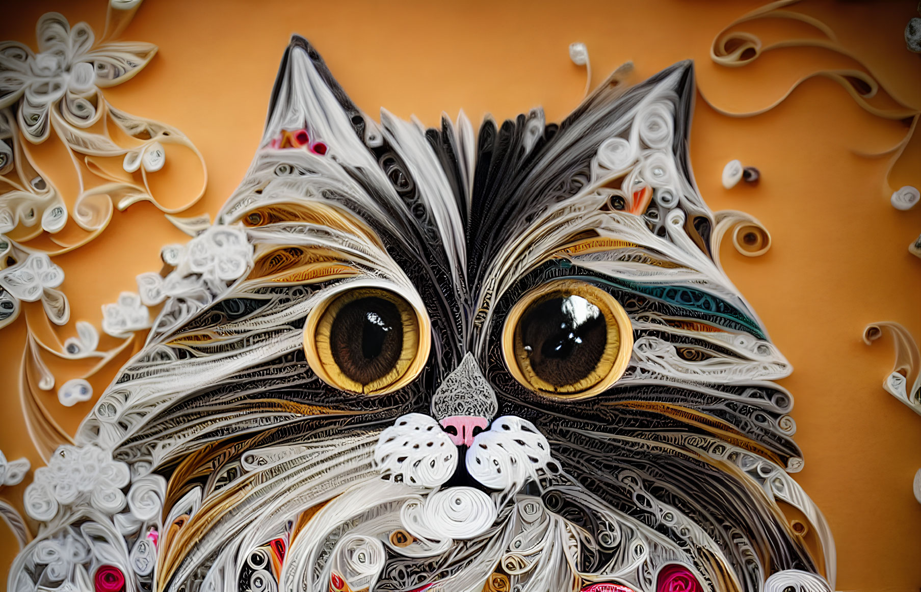 Cat's face quilling art with large amber eyes on orange background