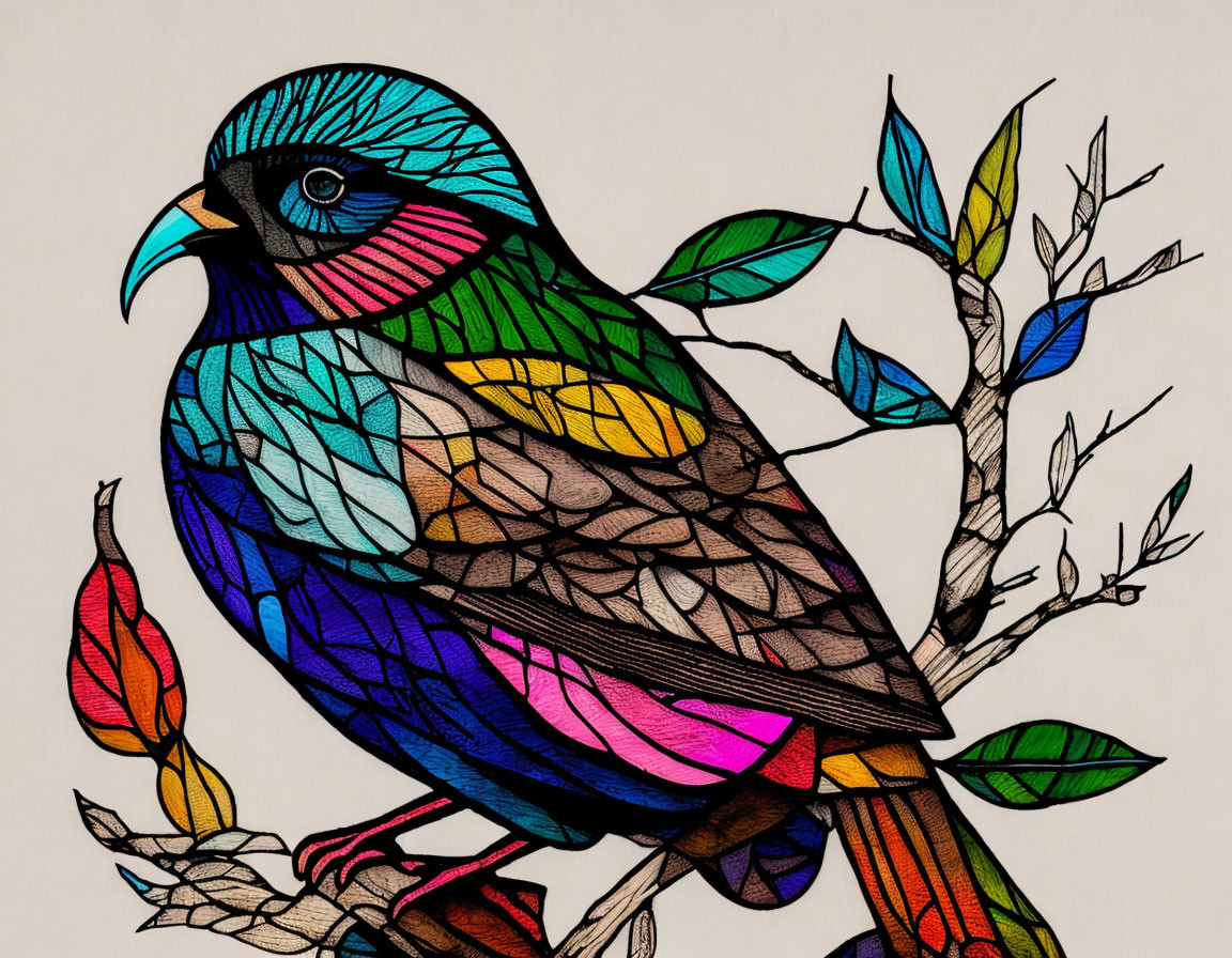 Colorful Bird Illustration on Branch with Stained Glass Aesthetic