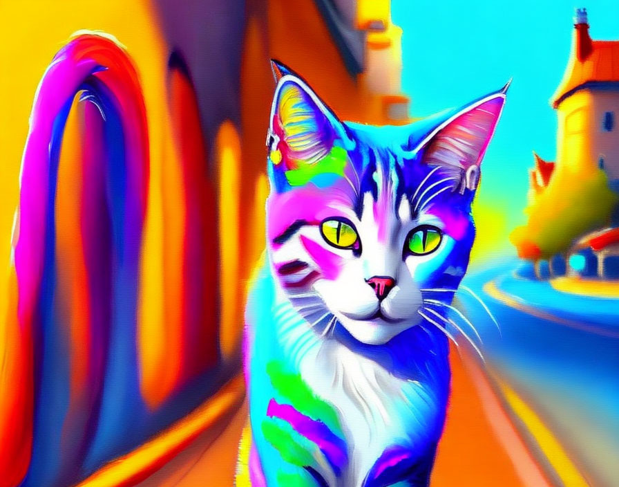 Colorful digital painting of multicolored cat against vibrant cityscape