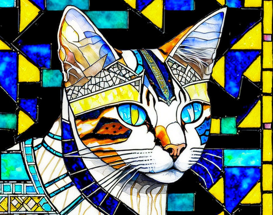 Colorful stained glass style cat illustration with Egyptian pharaoh headpiece on mosaic background