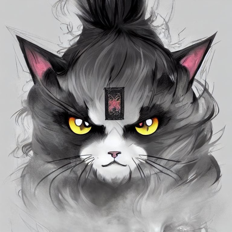 Grey cat illustration with yellow eyes, red talisman, and pink ears