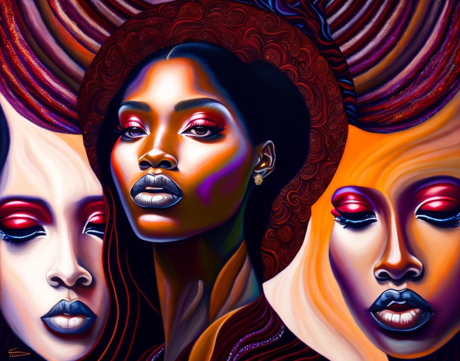 Colorful Artwork Featuring Three Women with Stylized Features