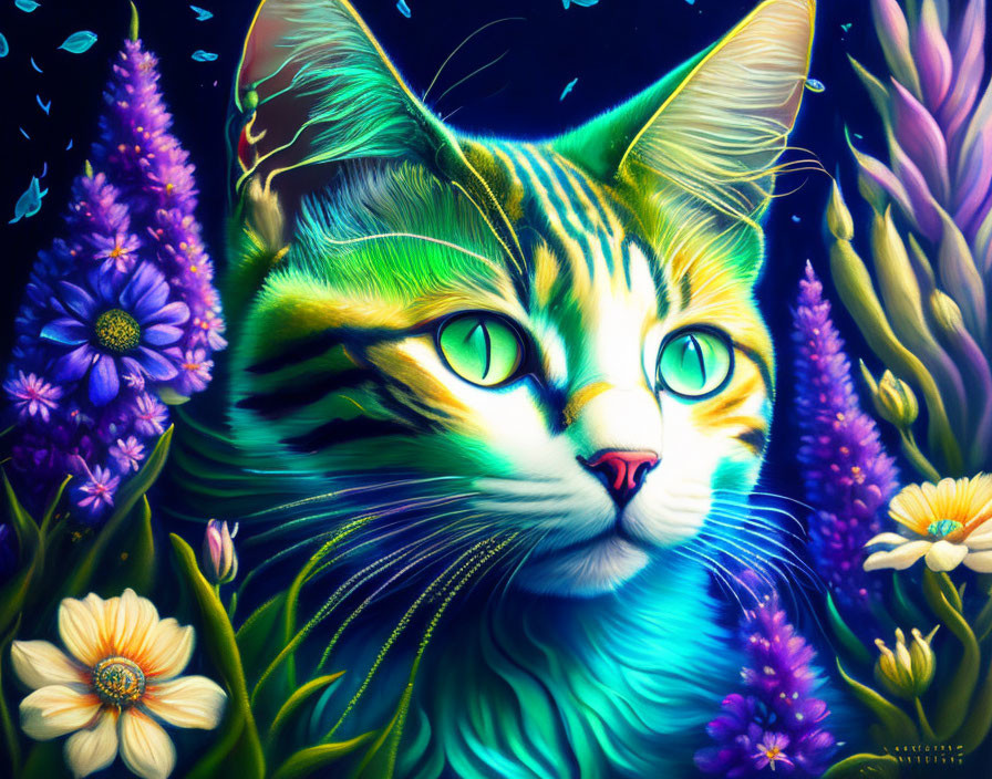 Whimsical cat surrounded by vibrant flowers in dreamlike scene