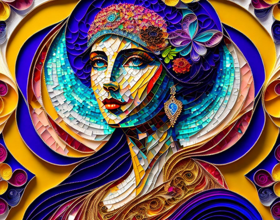 Vibrant Art Nouveau mosaic portrait with floral motifs