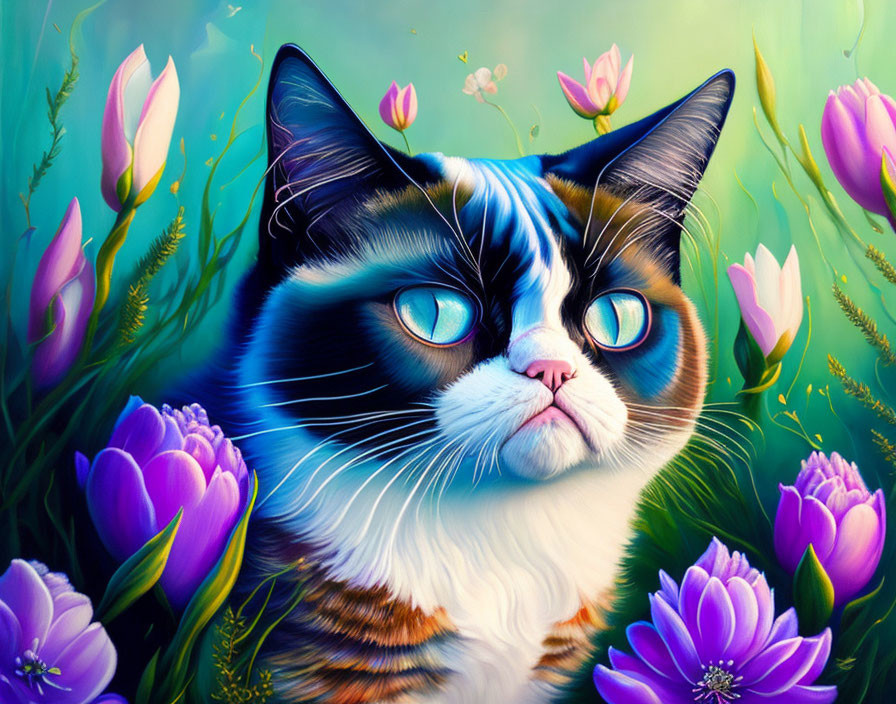 Colorful cat with blue eyes in vibrant digital art