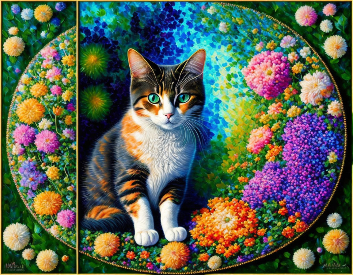 Colorful Calico Cat Painting with Vibrant Flowers on Dual Background