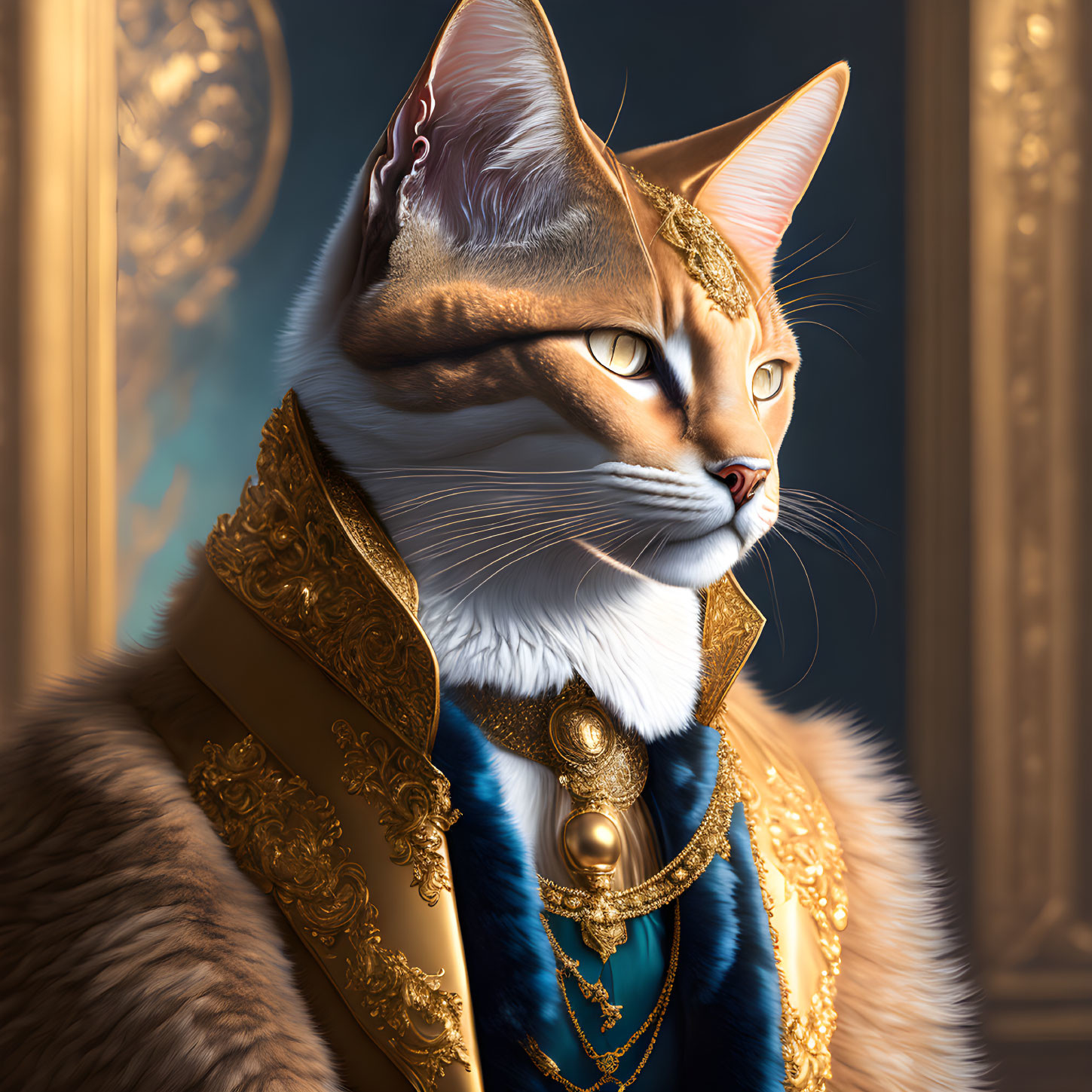 Regal cat in gold crown and robe gazes in classic room