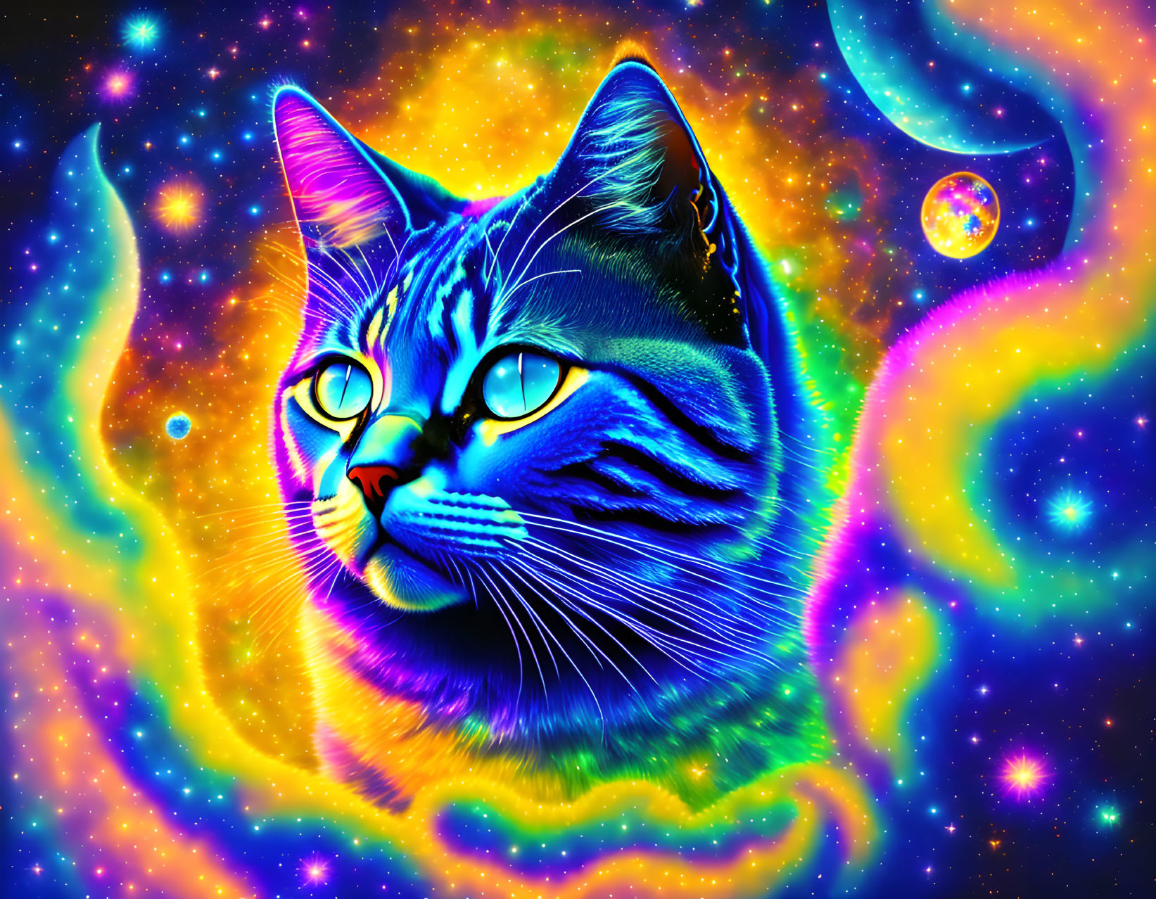 Multicolored Cat Face on Psychedelic Cosmic Background