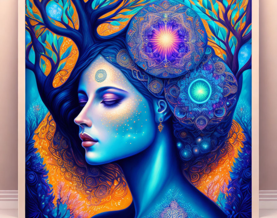 Colorful digital artwork: Woman's profile with tree and mandalas