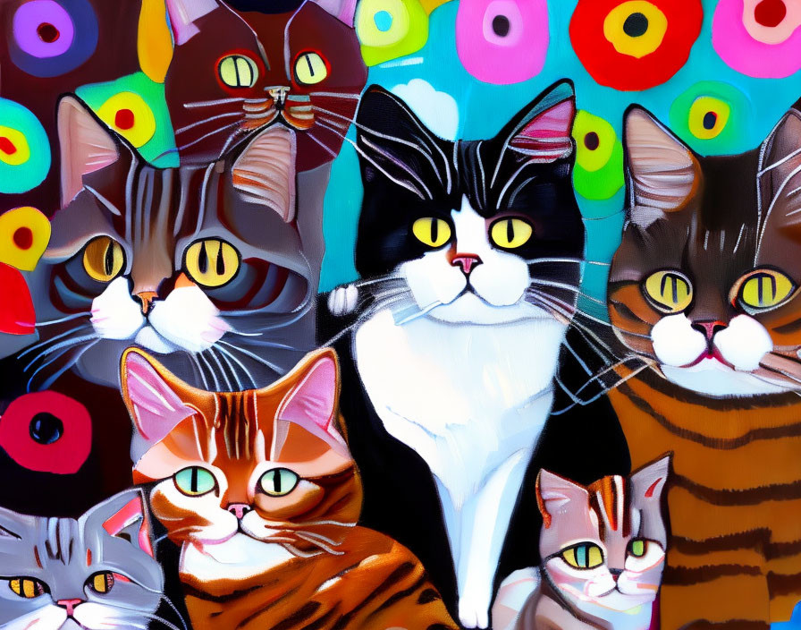 Vibrant Cartoon-Style Cats in Colorful Artwork