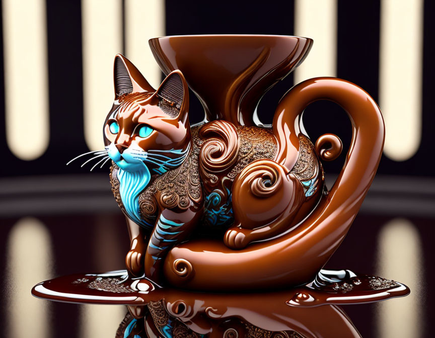 Whimsical 3D cat and coffee cup illustration with intricate patterns on dark backdrop