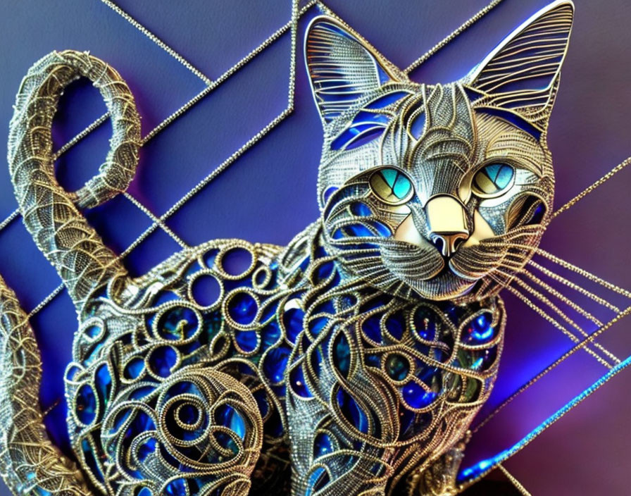 Metallic Wire Cat Sculpture with Blue and Purple Illumination