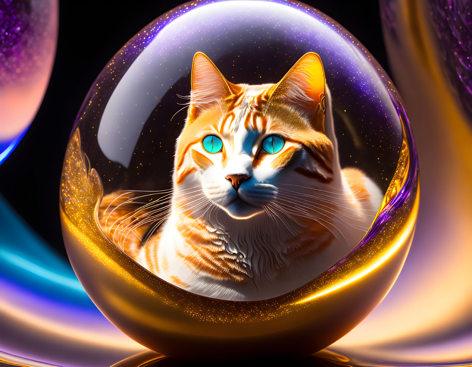 Digital artwork: Orange tabby cat with blue eyes in luminous orb surrounded by abstract shapes