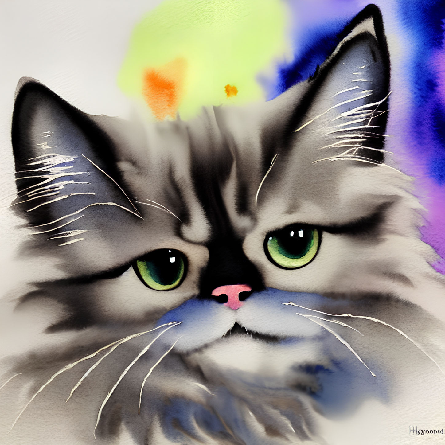 Fluffy Grey Cat with Green Eyes and Pink Nose on Colorful Background