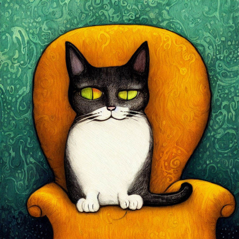 Illustrated black and white cat with green eyes on yellow-orange chair against green background