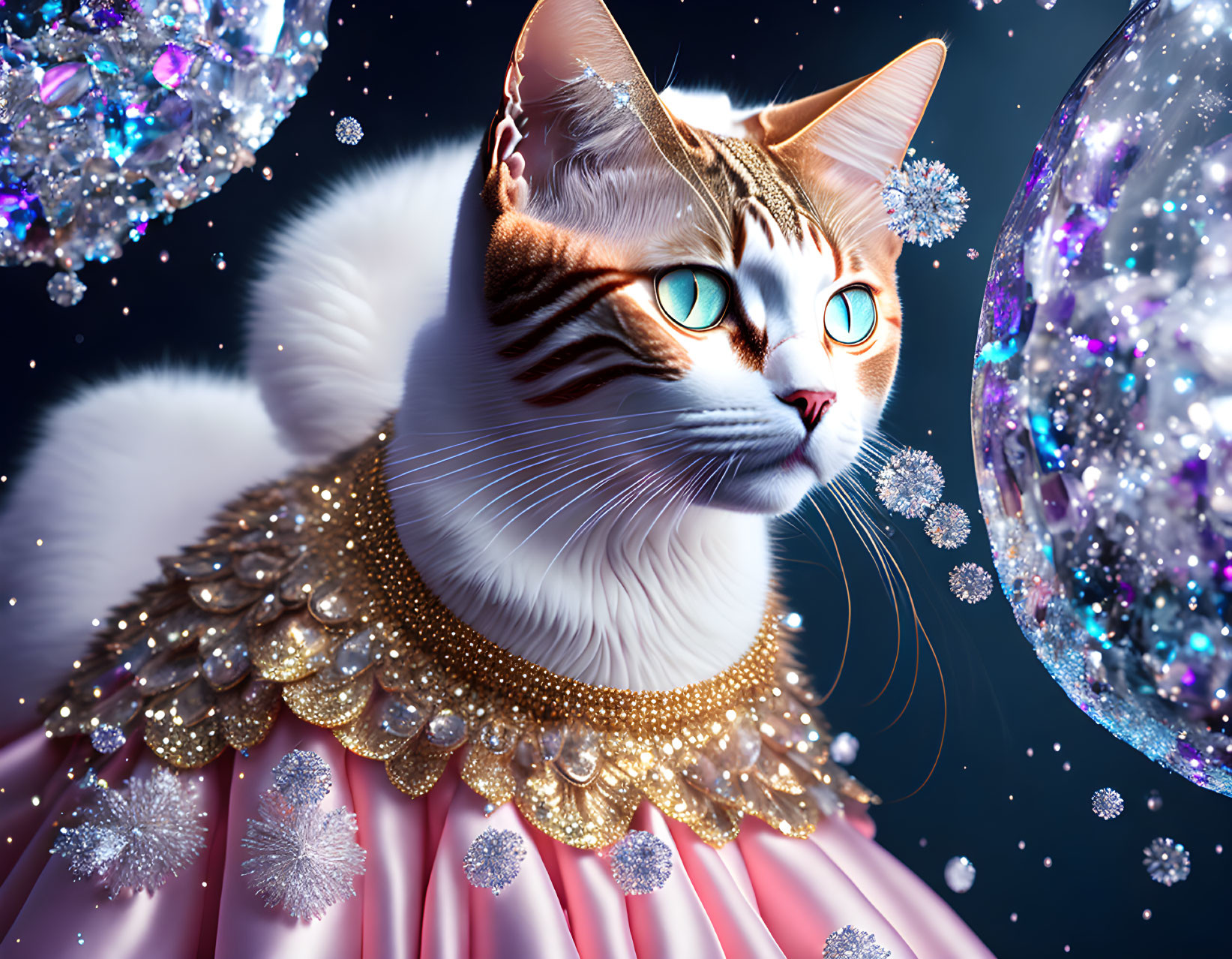 Whimsical cat with blue eyes in pink dress among glittering crystals