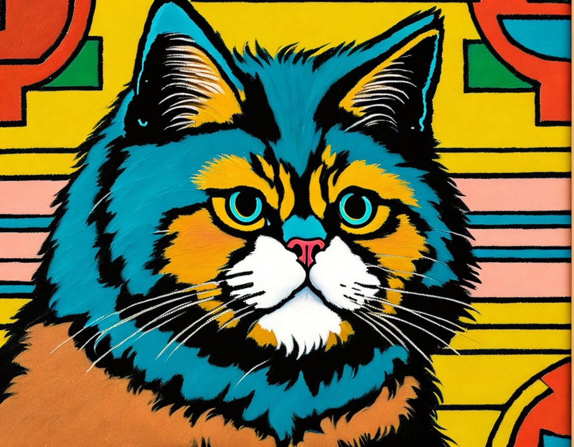 Vibrant cat painting with yellow eyes and whiskers on patterned background