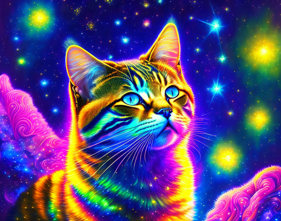 Colorful Psychedelic Cat Art with Cosmic Background