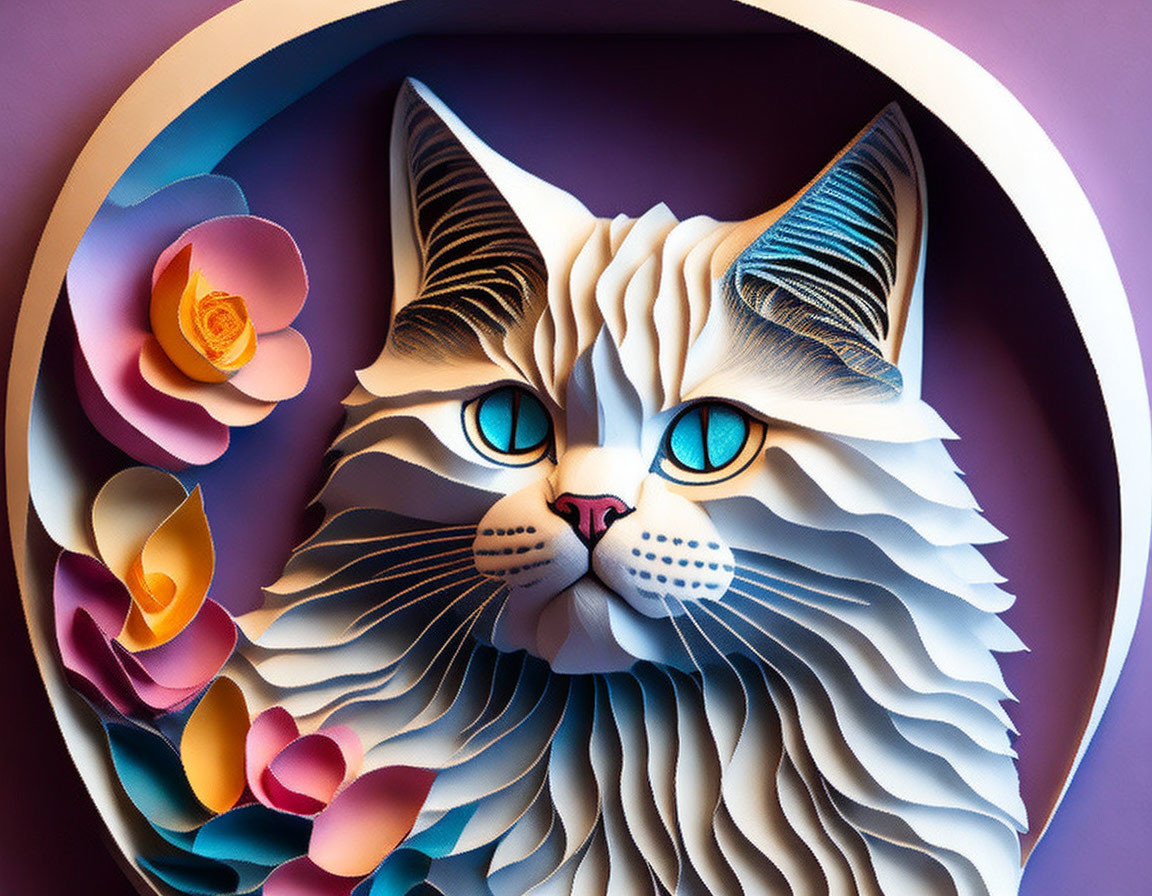 White Cat Paper Art Sculpture with Stripes and Blue Eyes on Purple Background