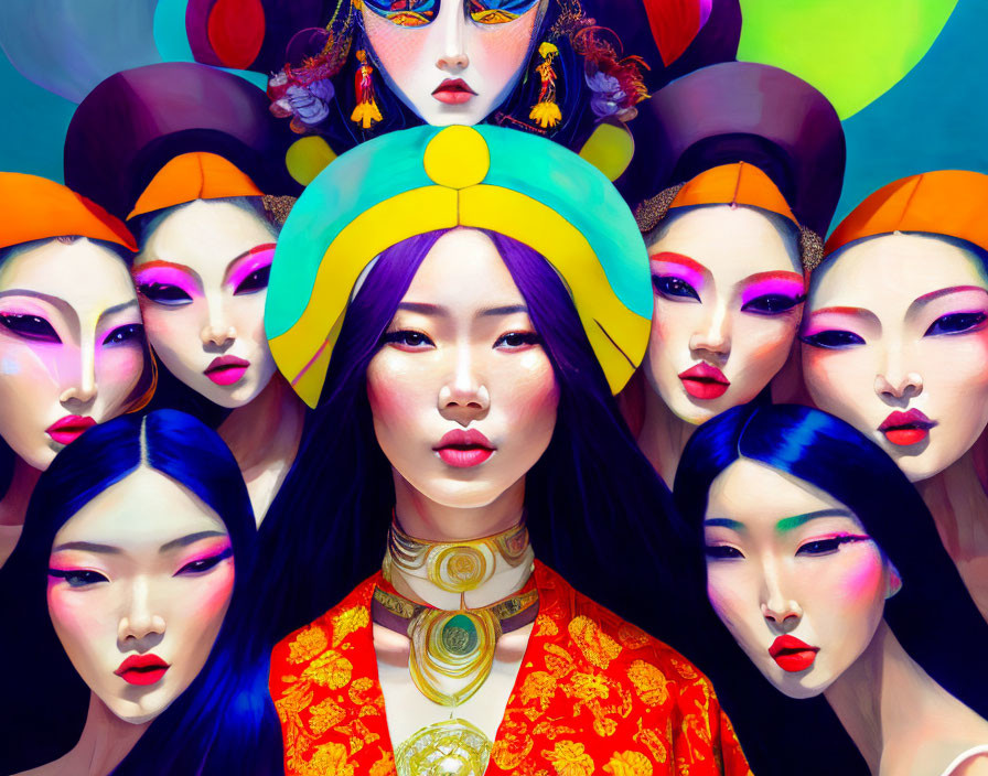 Colorful digital artwork featuring stylized Asian women in traditional attire.