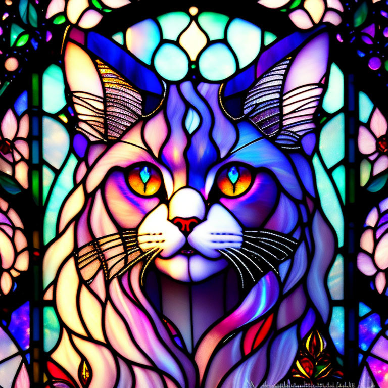 Colorful Cat Illustration in Stained Glass Style