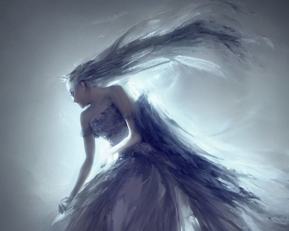 Ethereal figure in flowing dress with dynamic train on soft-focus background