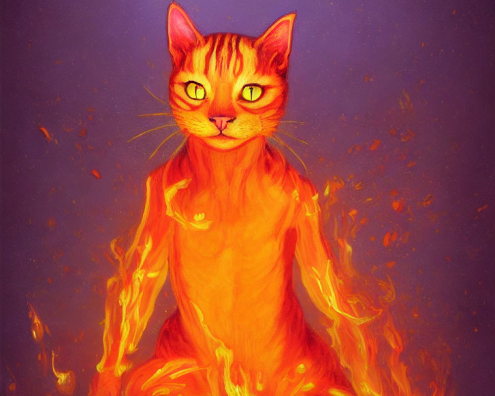 Flaming cat artwork on purple background