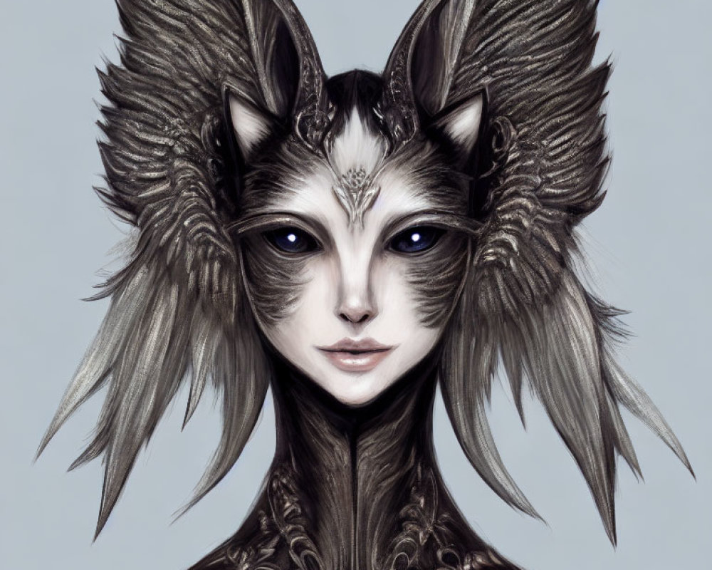 Fantasy portrait of character with feline features and ornate neck attire