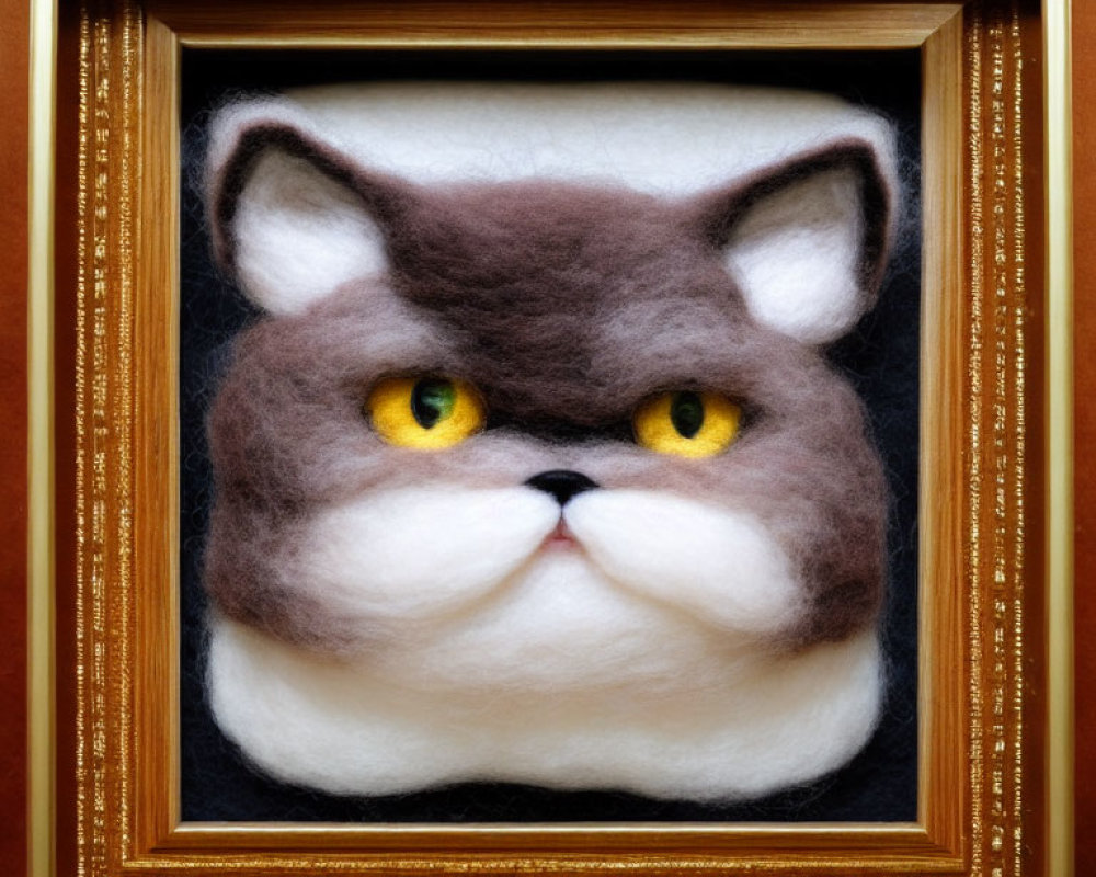 Three-dimensional felt artwork of grey and white cat with yellow eyes