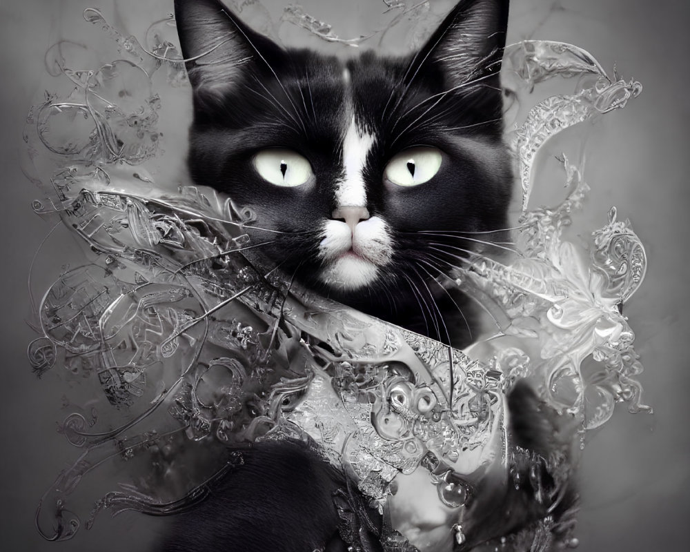 Black and White Cat with Green Eyes and Silver Filigree Patterns on Monochromatic Background