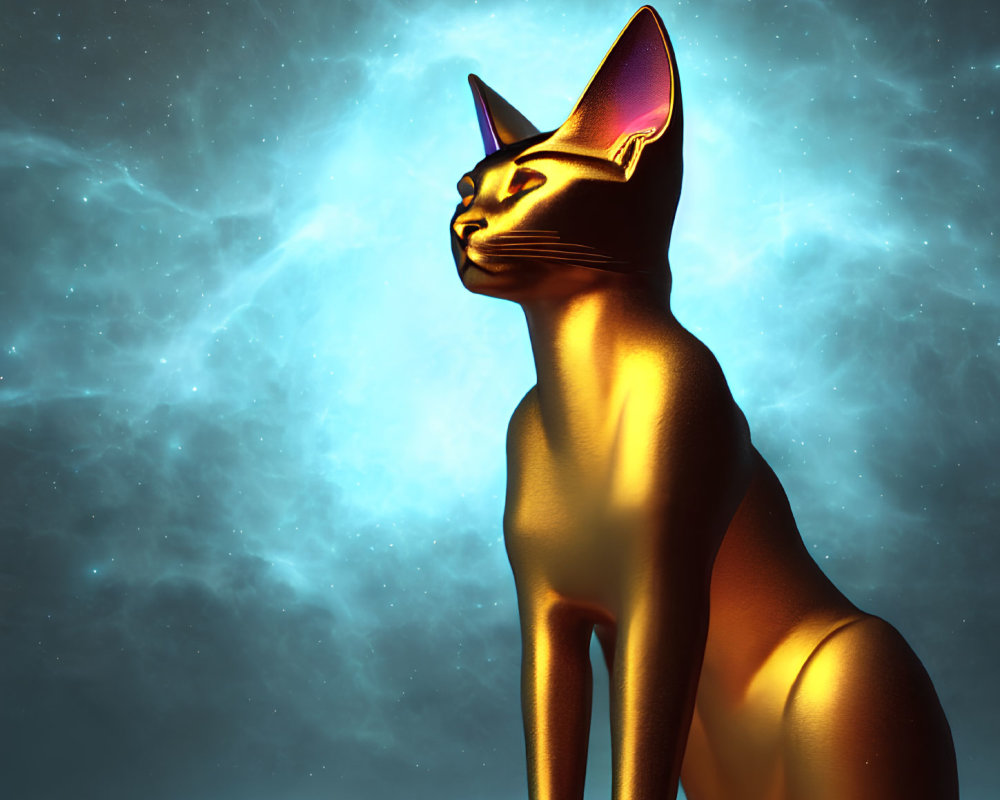 Golden Egyptian Cat Statue with Pink Inner Ears on Cosmic Background