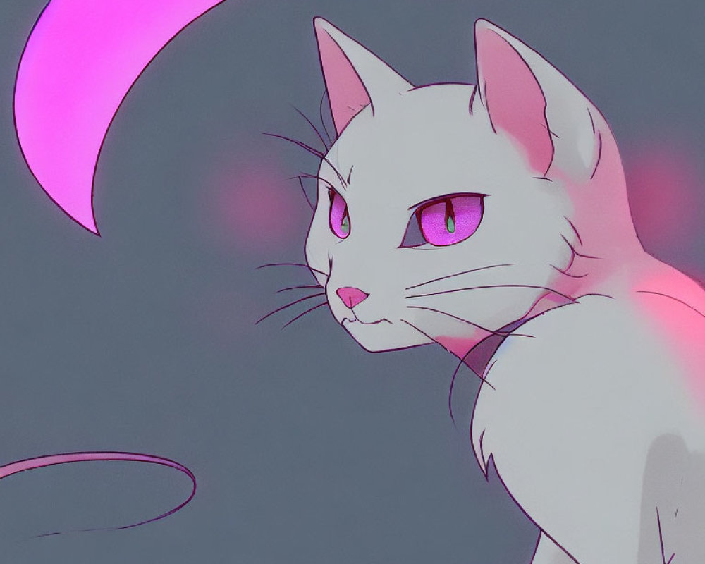 White Cat Illustration with Pink Eyes and Crescent Moon in Pink and Purple Hues