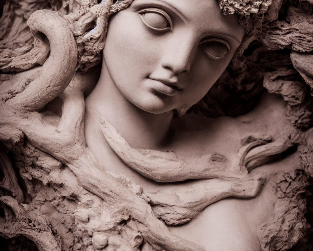 Sepia-toned classical statue: Delicate female face with serene expression