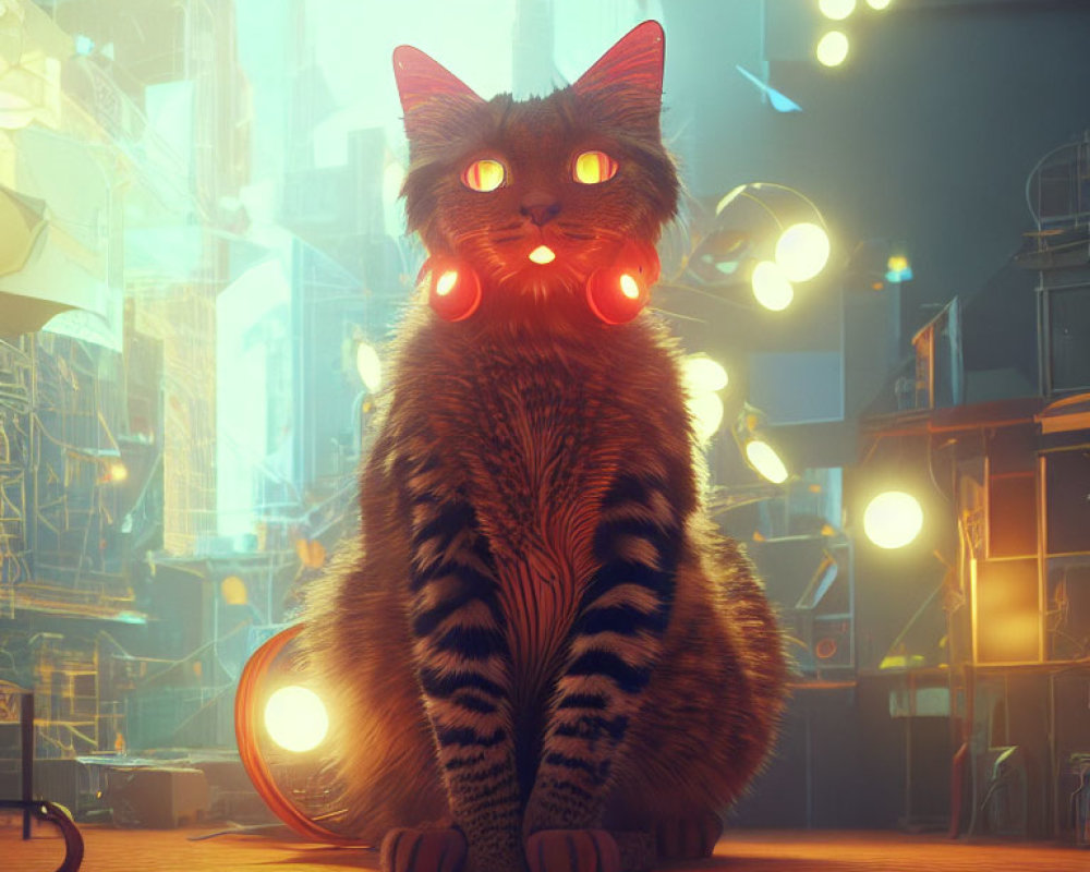 Digital artwork: Cat with glowing red eyes in neon-lit futuristic cityscape