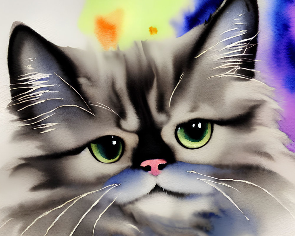 Fluffy Grey Cat with Green Eyes and Pink Nose on Colorful Background