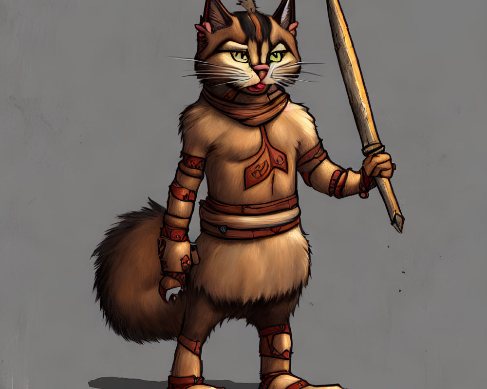 Anthropomorphic Cat Warrior in Tribal Attire with Sword