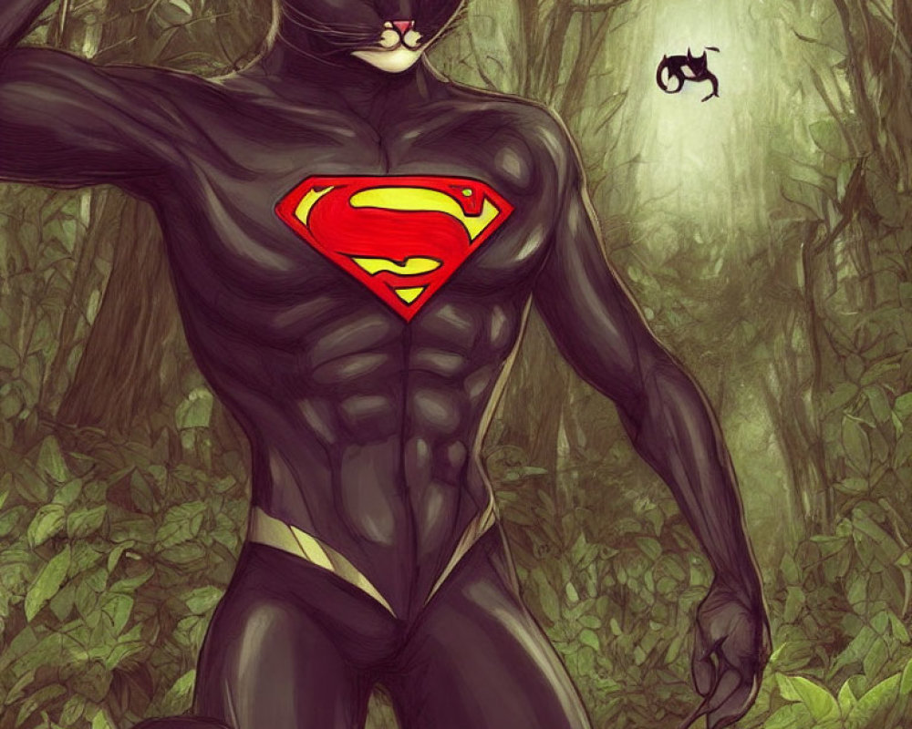 Muscular anthropomorphic cat with Superman logo in forest setting.